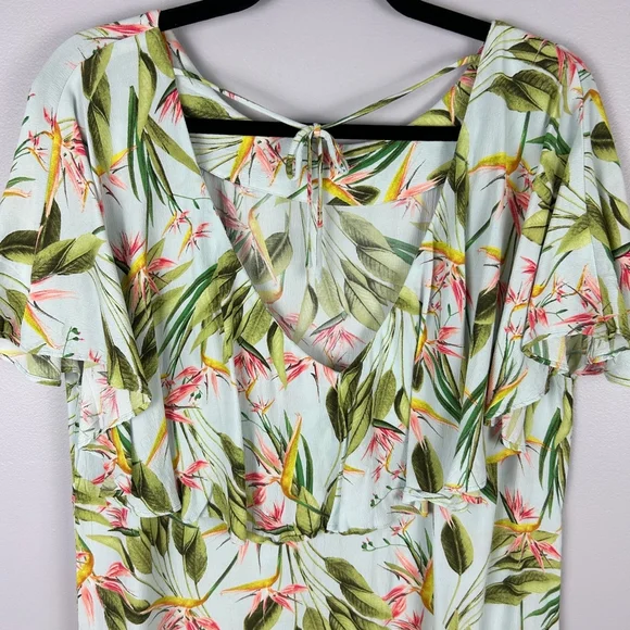 Zara Birds of Paradise Floral Open Back Dress Large Green Pink - Picture 13 of 16